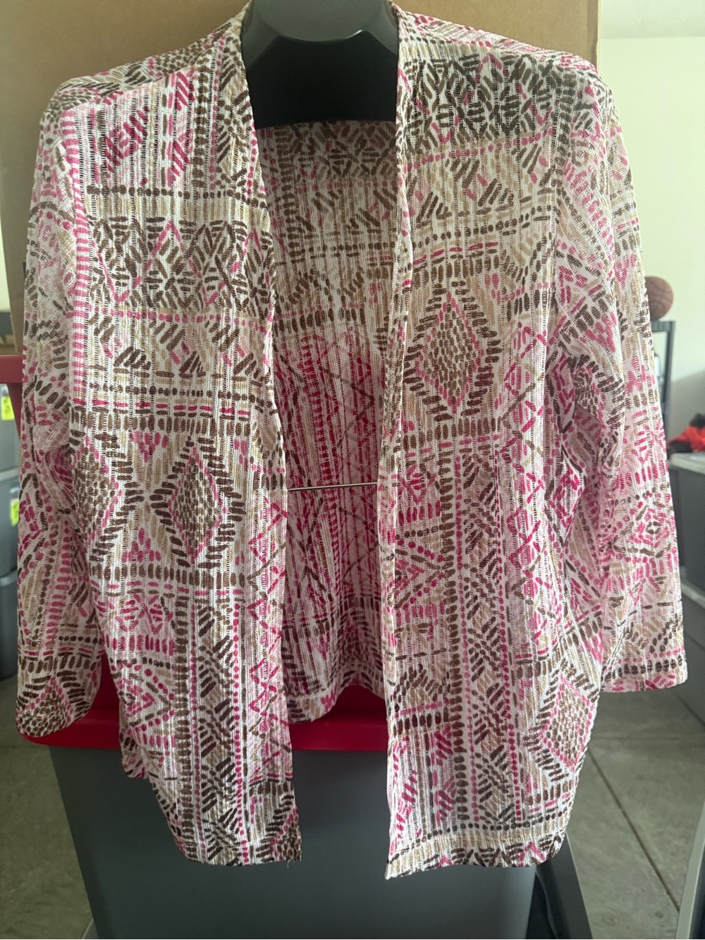 Open Front Printed Lightweight Cardigan in Pink & Brown p57
